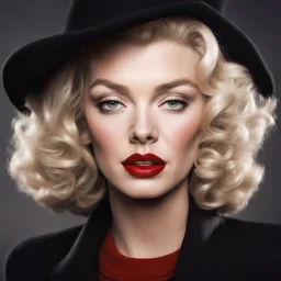 upper body marilyn monroe, a blonde woman with short, wavy hair, is the focal point of the image. she's dressed in a dark brown turtleneck sweater, paired with a black hat and a black suit jacket. her lips are a vibrant red, and her eyes are a deep brown. her hair, a light shade of blonde, is styled in loose waves, adding a touch of whimsy to her appearance. in the background, a man with a black hat and a white shirt is visible..,bokeh like f/0.8, tilt-shift lens 8k, high de