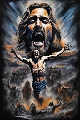 laughing maniacally - 24x36 inch movie poster - "The End of Life" - double exposure - Oil paint, water paint, acrylic paint, statuesque, clay molding, wood burning, pencil and ink - in the art style of every artist that has ever lived - Jesus looking down from the cross while a giant, snarling werewolf rears up behind him, "They Know Not What They Do." The Raven sat perched upon a bust of Pallas just above my chamber door