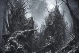  Wednesday Adams, black and white, tall narrow scary house , pointy roof, cursed trees , dense dark forest, forest background, spiders, bats, bones, Escher style