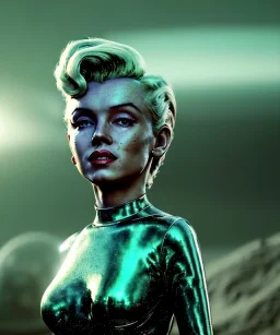 Ultra Realistic retro sci-fi 1960 scene, waist up view portrait, blonde woman, sweet young Marilyn Monroe face, perfect iris, tight latex coat, alien planet background, tight style, steel sphere dron levitating, fog, rain, soft color, highly detailed, unreal engine 5, ray tracing, RTX, lumen lighting, ultra detail, volumetric lighting, 3d, finely drawn, high definition, high resolution.