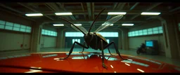 car insect in the style of Escher and Giger and Fallout 4, pinhole cam, airbrush 3d rendering, on tv screen:A five-second cinematic single take in a clean industrial presentation hall.