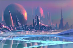 Science fiction city near frozen lake, impressionism painting