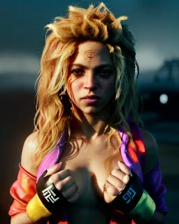 portrait, Shakira, blonde artist, angry, Realistic image, MMA robe, hoodie, mma gloves, loose long hair, eyes make up, gold make up, moisture, sweat, fog, Neon colors, leds. Dark background, photo studio, concept art, smooth, unreal engine 5, god lights, ray tracing, RTX, lumen lighting, ultra detail, volumetric lighting, 3d, finely drawn, high definition, 4k.