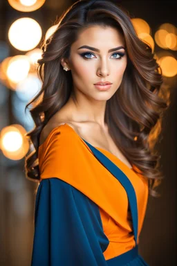 fullbody shot of young-beautiful-ozbek-with-a-perfect-face-with-make-up-wearing-orange top and midi pleated blue skirt standing , prophesional photography lighting