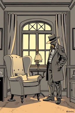 wingback chair and a small table with lamp, with a man standing beside wearing a gas mask and wide brimmed flat top hat, elevated downward perspective, window at rear, graphic novel