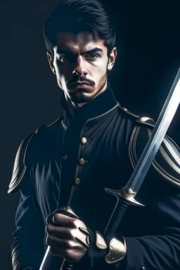 young european black hair adult royal guard swordsman with rapier