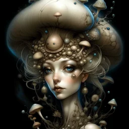 Beautiful rococo mushroom fairy, detailed eyes, realistic features, hq, fungi, celestial, moon, galaxy, stars, by Salvador Dalí, giger, Hieronymus Bosch, victo ngai, fungi, celestial, Ryan Hewett