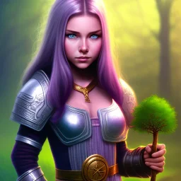 A Halfling woman adventurer with green eyes sitting against a silver bark tree with pink and purple leaves.