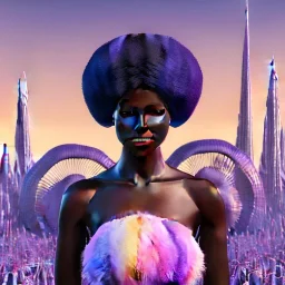 Ultra realistic photo. volumetric lighting , scientist. Young black woman, dark skin black woman. young, big smile. Joy. smiling. Afro futurism. Afro puffs. Blue hair. Ombré hair Cotton candy. Futuristic cities in background. Space. Space travel. Silver. Cities