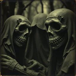 Daguerrotype close up of some mysterious figures, odd background, cinematic, Hieronymus Bosch, Max Ernst vegetal life, rotten, ambient light, ghost, cry