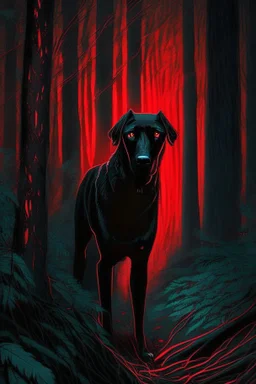 in the style of William Adolphe Bouguereau, a monstrous black hound with red, glowing eyes in a dark forest