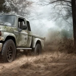 hyperrealistic shot, muddy military toy truck, monotone color palette, sharp focus, puddle reflection, tire water splash, refraction, mist on the horizon, shadowcast, detailed and intricate, cinematic composition, micro, tilt shift photography