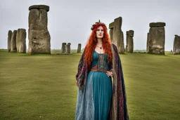 A tall slim red-headed woman, dressed like a gipsy, standing in front of Stonehenge