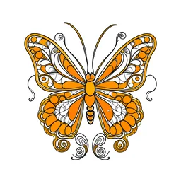 Vector illustration of an abstract butterfly outline icon isolated on white. Tawny Orange Monarch Butterfly design hand drawn daisies positive quote flower design margarita mariposa stationery EPS, humorous style, each letter in the text showed in different colorsv0.2