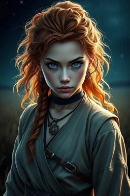 digital art portrait of a beautiful young female fighter, pastel style, fantasy, long messy curly ginger hair, pale blue eyes, fierce, dressed in light reveaing asian fighter outfit, ornaments, choker, standing in fields, night-time, stars, realistic, sexy, cinematic lighting, highly detailed face, very high resolution, centered, looking at the camera