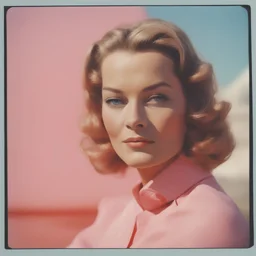 Romy schneider, in the style of a polaroid, pink, orange, red, sunny day