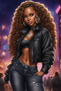 Create a digital airbrush cartoon of an African American female wearing a black jean outfit with timberland boots. Prominent make up with hazel eyes. She is wearing large diamond hoop earrings. Extremely highly detailed very long curly hair that shines. Background of a night club.