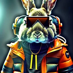 Rabbit toddler, smile, steampunk headphone, sunglass, gangsta neckless, full body, orange puffer jacket, manila background, dramatic lighting, hyper realistic, unreal engine 5, 16k