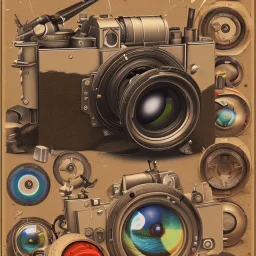 components of the camera laid out flat. poster design. high detailed. oil on canvas.