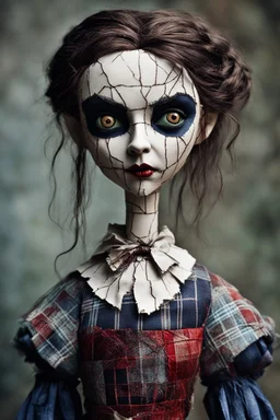 full color, illustration of a dark menacing Scottish vampire girl, tall and willowy , as a decayed, broken, crude homemade patchwork cloth doll toy, with a cracked porcelain face, thick dark eyebrows, hair made from ragged strips of cloth, in the style of Nadya Sheremet