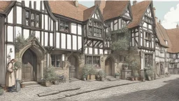 A Paved Courtyard, With Tudor Gothic Houses, Tall Chimneys, Crooked Roofs, a small stream, People, Shops,