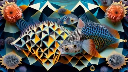 Tessellation, a repeated geometric fish that covthe unexpected, strange, extreme meeting of the little mole and the hedgehog with their love child, bizarre, collage, conceptual arters a surface