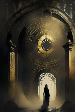 A person, a palace, a time gate, a ghost, dark black and golden colour