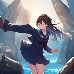 Clear focus,High resolution, Girl wearing a sailor uniform, Kicking pose, rocks around her, straight face, Windy, Hair is flowing, Clothes is flowing with the wind