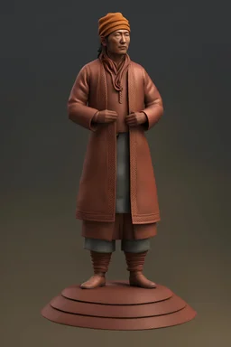 a full body 3d model of a Tibetan mountaineer wearing a kurta and waist coat, Tibetan cap, copper colored statue