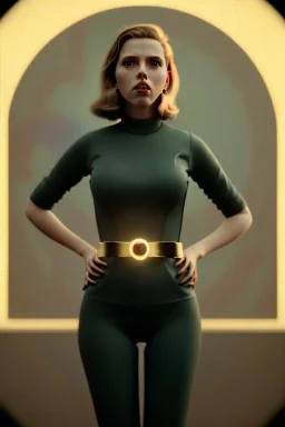 retro sci-fi portrait image from 1960, supermarket parking explosion, long hair, young Scarlett Johansson, classic black tight lycra suit, gold bracelet and belt, soft color, highly detailed, unreal engine 5, ray tracing, RTX, lumen lighting, ultra detail, volumetric lighting, 3d, finely drawn, high definition, high resolution.