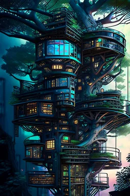 Dibujo arquitectónico de una casa del árbol cyberpunk, hiperdetallada, calidad ultra, increíble obra de arte