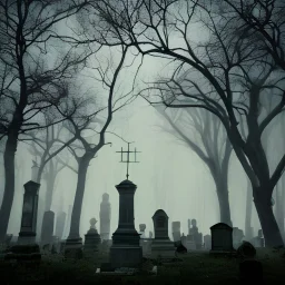 dark creepy cemetery on a foggy night