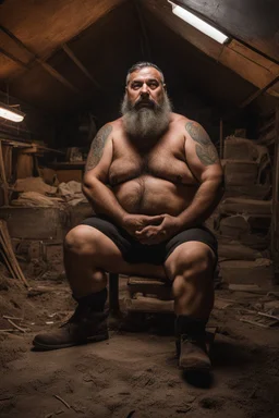 full figure shot photography of a 49-year-old turkish chubby beefy tattoo very hairy sweaty worker sitting spread-legged in an old sofa inside a construction site shed, big shoulders, boots, dressed in bulging shorts,shirtless, stubble, big manly legs, hairy chest, serious eyes, midnight, dim neon lights illuminating and shine on the beards of sweat that fill his large chest, photorealistic , ambient occlusion, view angle from the ground