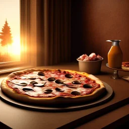 Delicious realistic pizza, sunset, light from window, shiney texture, unreal engine 5, 8k resolution, photorealistic, ultra detailed, by greg rutowski