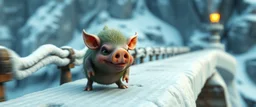 fast and clever cute little evil moss pig named yutt, on icy bridge, motion blur, standing by the guard rails, fantasy 3d realm