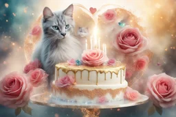 Beautiful composition, double exposure, merged layers, lifelike ethereal roses, birthday cake, cats - different kinds, gemstones, gold glitter, waterfall, heart, flame in sunshine