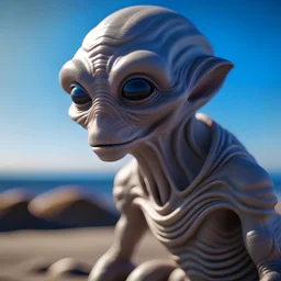 a close up of a statue of an alien on a beach, inspired by E. T. A. Hoffmann, realistic photography paleoart, award winning creature portrait, very very very realistic, cg artist, closeup of an adorable, sci-fiish, in dune, albino, highly realistic photo, sil from species, brad, rendered in redshift, shot with Sony Alpha a9 Il and Sony FE 200-600mm f/5.6-6.3 G OSS lens, natural ligh, hyper realistic photograph, ultra detailed -ar 1:1 —q 2 -s 750)