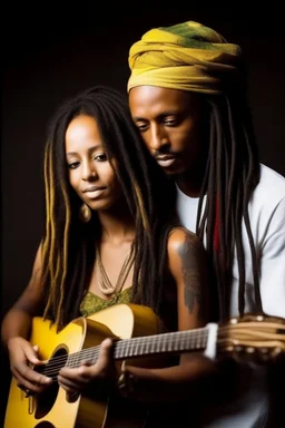 ethiopian dreadlock kintsugi face albumart music name bellabel with guitar hip hop wide look with sexy girl huging him behind