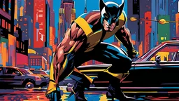[WOLVERINE] performs [THE TANGO], gouache ink line sketch blending with Fauvism style, splash art elements with drips and drops, figure adorned in [FANCY DRESS], balancing on [STILLETO HEELS), set against [NEW YORK] background, anime influence with hyper-realistic touch and low saturation resembling a movie scene, UHD 16k resolution, exquisite workmanship, cinematic masterpiece.