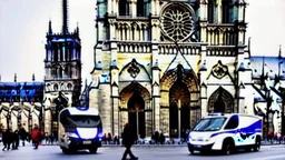 A police Tesla Cybertruck is chasing a Tesla 'Model S Plaid' at top speed, by the Notre-Dame Cathedral, in Paris. CINEMATIC. WIDE ANGLE LENS. PHOTO REAL.
