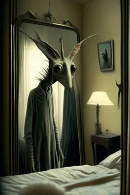 a creature with distinct personality by ashley wood, leonora carrington, hieronymus bosch and mark ryden, alone in a hotel room : : portrait through a mirror : : ultra - detailed technical precision : : matte painting, high definition 3 d render, unreal engine