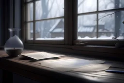 an anime style letter on a wooden table with a gloomy, snowy window in the background