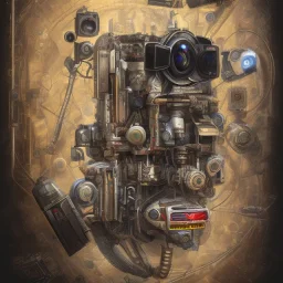 components of the camera laid out flat. poster design. high detailed. oil on canvas.