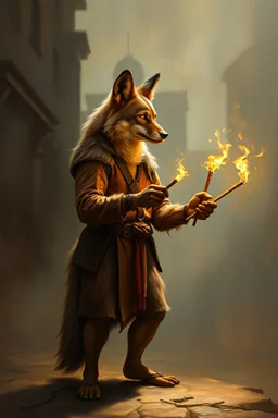 aardwolf man harlikin juggling torches, painting by Rembrandt, with motion blur city background, and volume light fog with sunlight rays