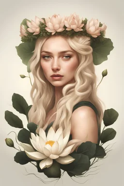 Девушка блондинка дриада, на голове венок из лотосов, Дарк ботаникал, цифровая иллюстрация, стиль фотореализм, 8к