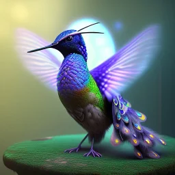 peacock, humming bird, fantasy art, Unreal Engine 5, lens macro,sharp focus, realistic, hyper detailed, studio lighting, neon light ambient, crystalized