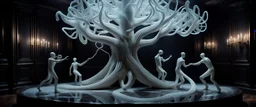 Some well dressed figures fighting to contain energy from floating chtonian glowing snakelike transparent moist tree made by twisted snakelike sticks creating weird geometric form in dramatic scene in luxury parlour in the style of Giger and Escher