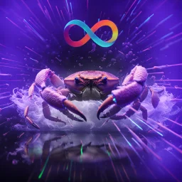 infinity symbol ∞ with vibrant powerful crab jumping out of the water, striking, neon, chiaroscuro, dramatic, captivating, powerful, fantasy, beautiful, octane render, 16k post-production, artstation: award-winning: atmospheric: commanding: fantastical: clarity: ultra quality: striking: brilliance: stunning colors: amazing depth; lens: f/11, 35mm