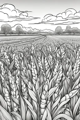 coloring page, corn field, cartoon style, thick lines, low detail, no shading