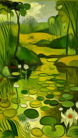 An olive green wetlands with lily pads painted by Paul Gauguin